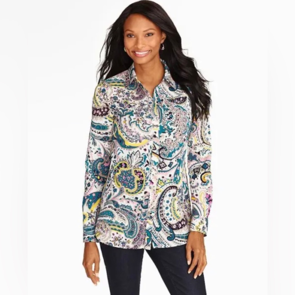 TALBOTS Watercolored Paisley Print Poplin Button Down Blouse Size Large